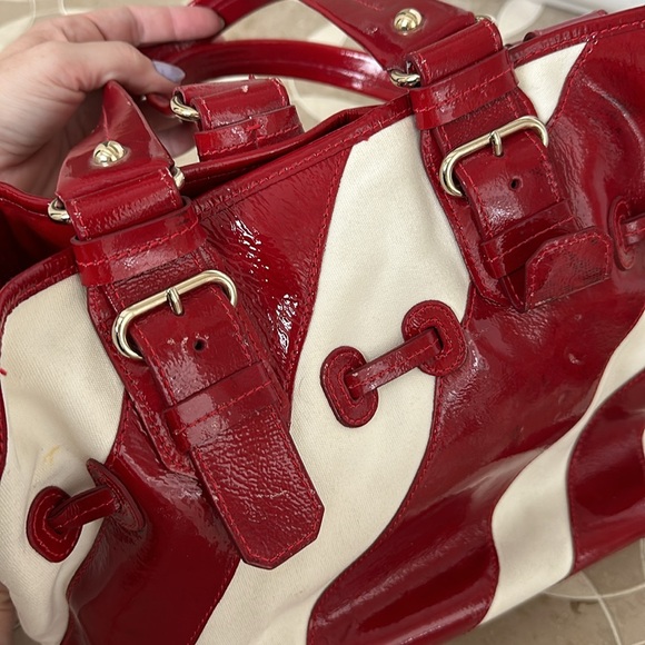 Dooney & Bourke Large Red Patent Leather/White Canvas Striped Tote EUC - Picture 4 of 13